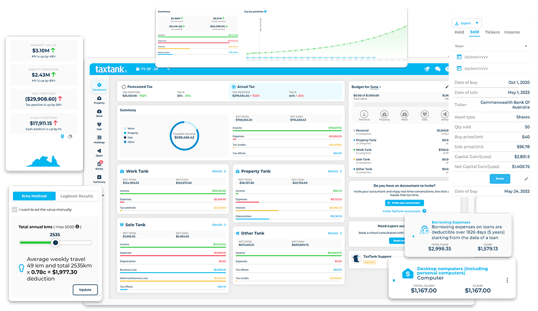 Tax app and personal finance software showing all features from the dashboard