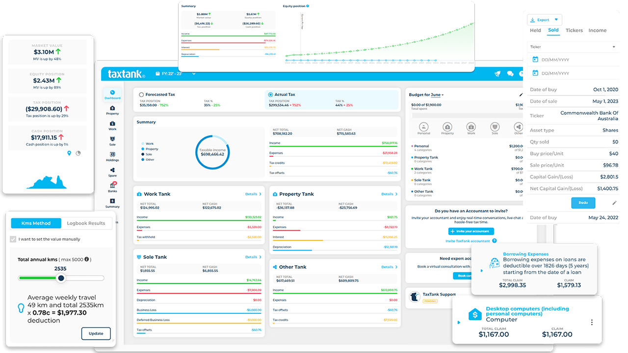 Tax app and personal finance software showing all features from the dashboard