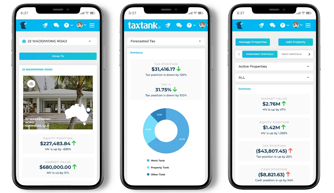 3 phones with screenshots of property tax software