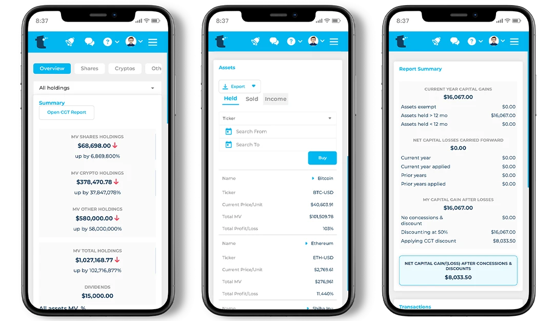 Tax Software Dashboard showing capital gains tax calculator for shares and crypto