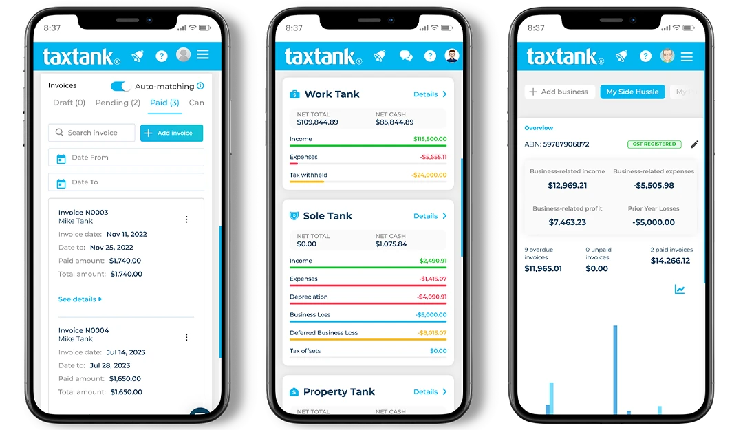 Sole trader tax software showing features in 3 phones