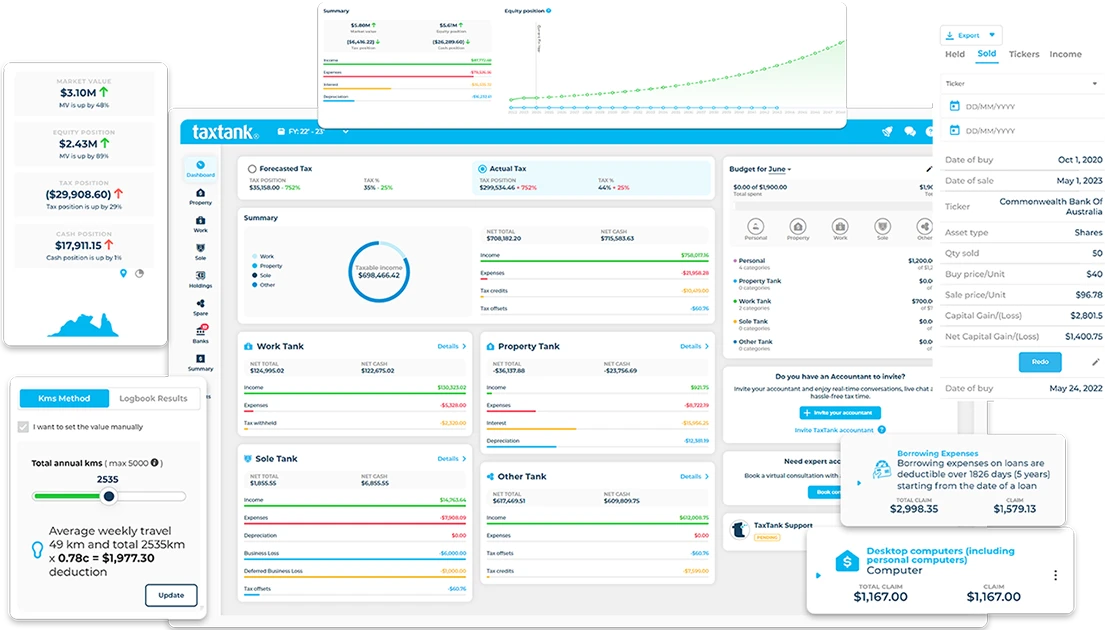 Tax app and personal finance software showing all features from the dashboard