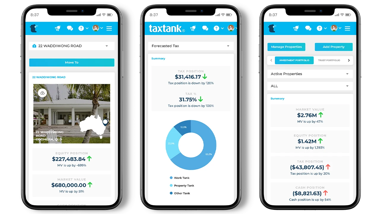 3 phones with screenshots of property tax software