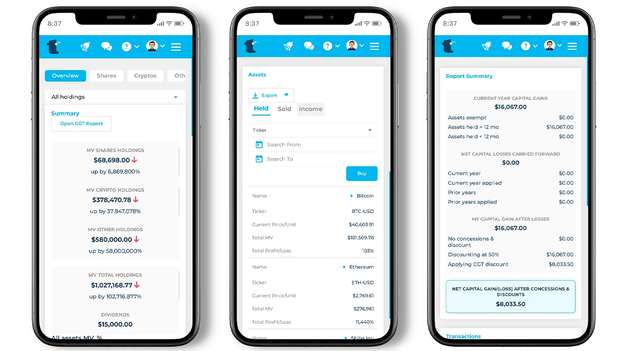 Tax Software Dashboard showing capital gains tax calculator for shares and crypto