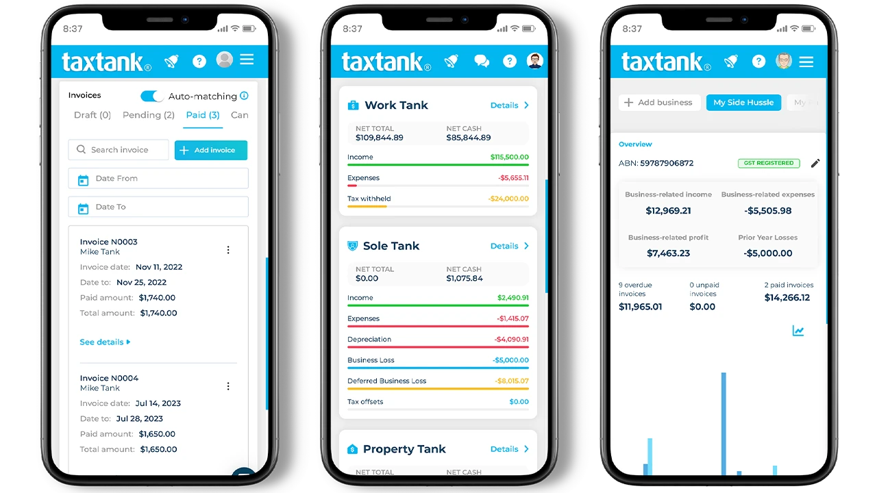 Sole trader tax software showing features in 3 phones