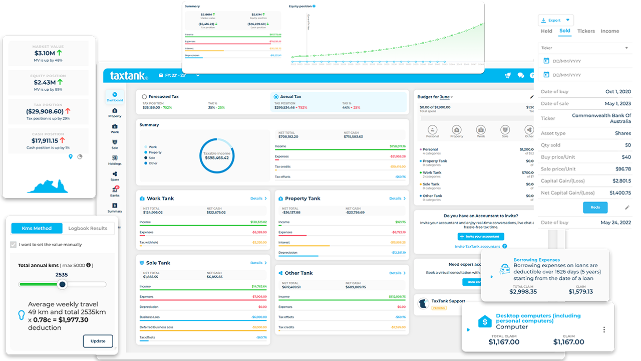 Tax app and personal finance software showing all features from the dashboard