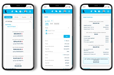 Tax Software Dashboard showing capital gains tax calculator for shares and crypto