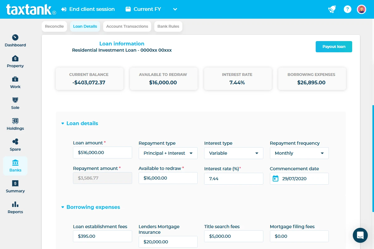 Screenshot of TaxTank showing how easy it is to capture borrowing expenses to maximise investment property tax deductions