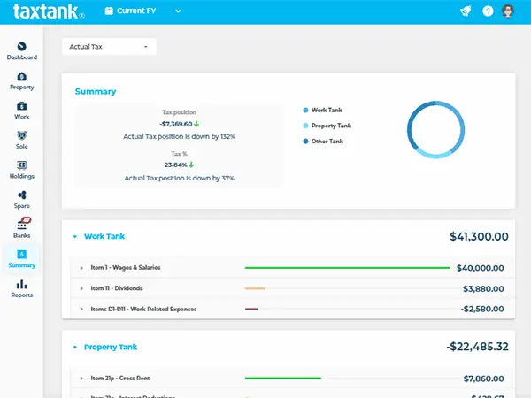 Animated Image showing the Tax Summary in TaxTank's personal finance software to save money on tax, perfect for side hustle tax management