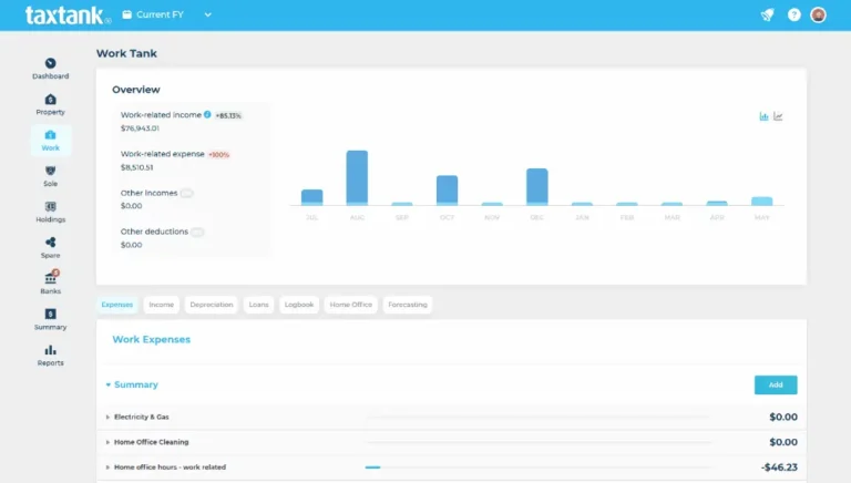 Animated image showing TaxTank dashboard for managing work income and expenses