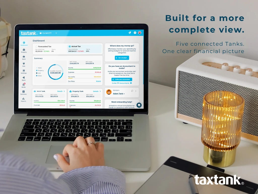 Image of TaxTank that says built for a more complete view.  Five connected Tanks, one clear financial picture