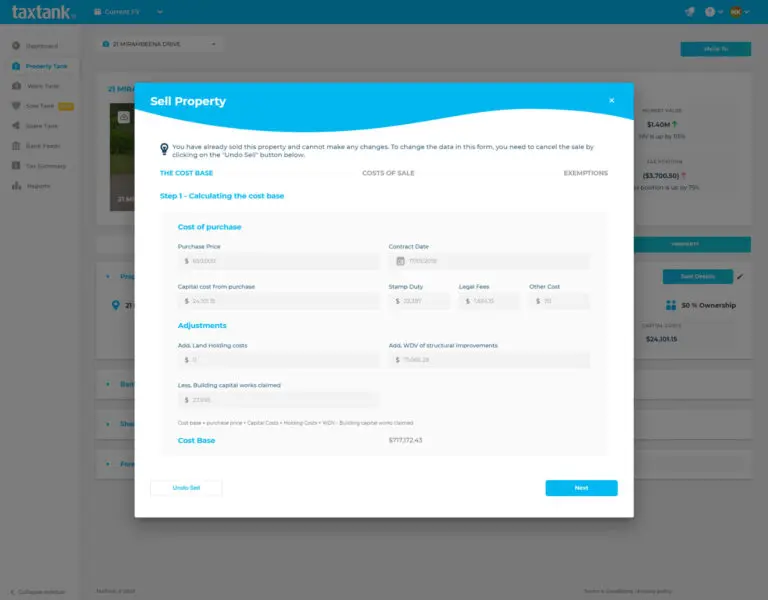 Property Gains Tax Calculator showing cost base and other details required