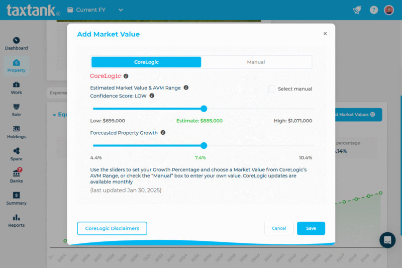 TaxTank property app showing CoreLogic property value and investment information