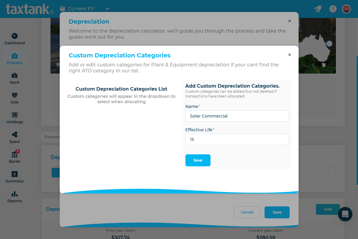 Screenshot of custom depreciation categories in TaxTank