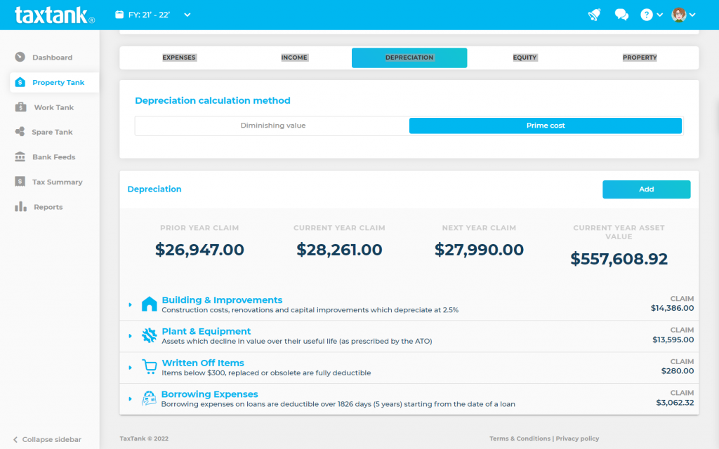 TaxTank manages depreciation so you don't miss out on any deductions.