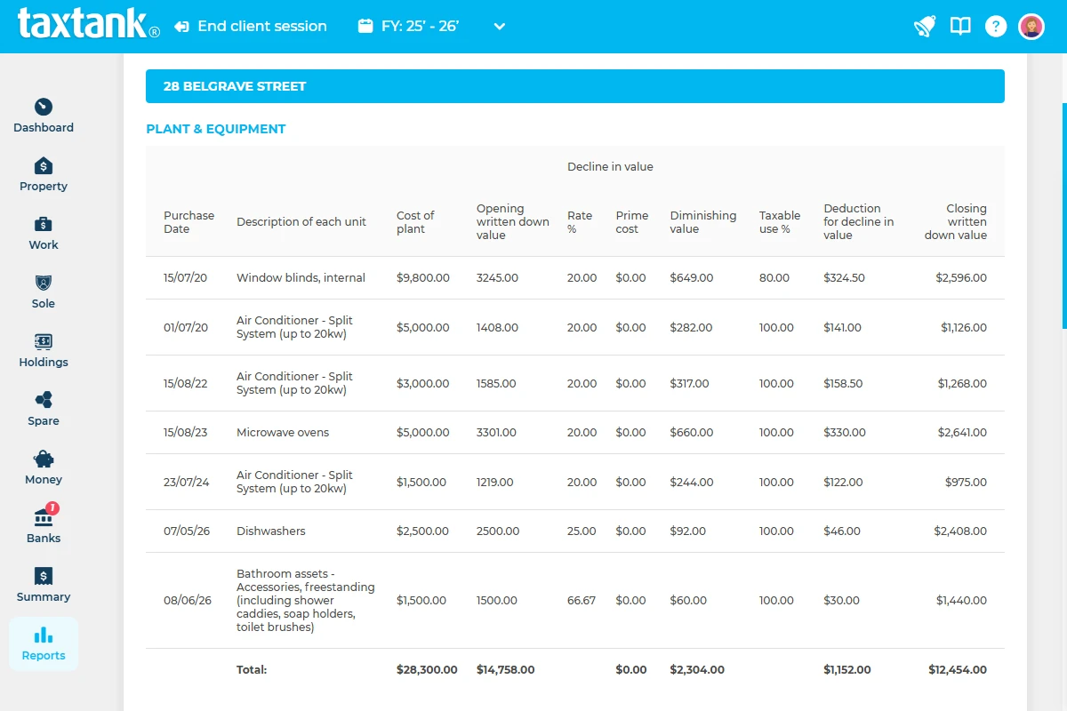 Investment Property Depreciation Calculator report showing plant and equipment depreciation, asset values, deductions and written down values.