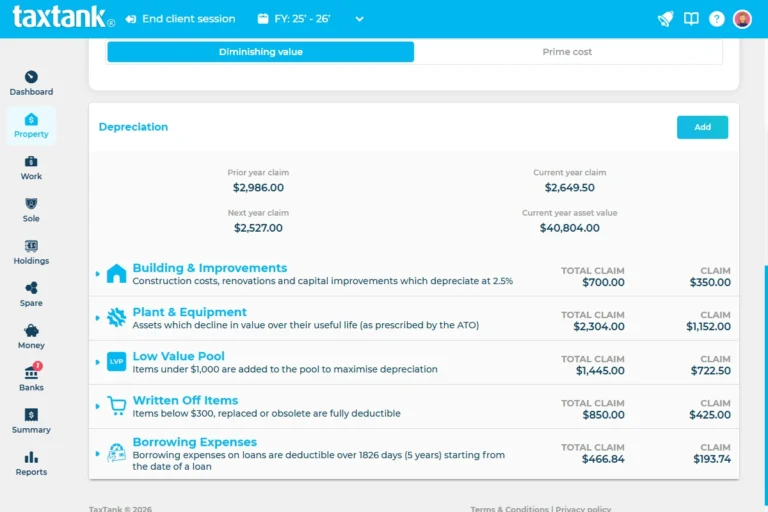 TaxTank Investment Property Depreciation Calculator showing building, plant and equipment, low value pool and borrowing expense claims.