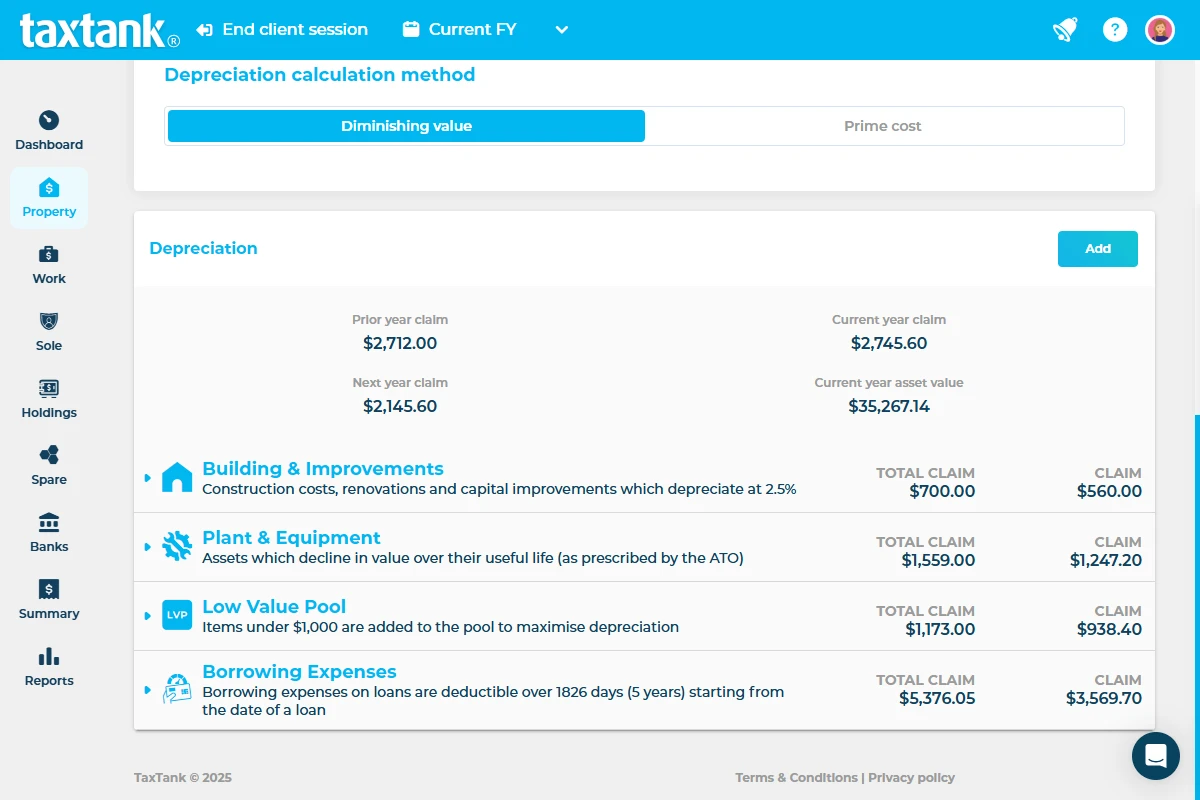 Screenshot of the automated depreciation calculator in TaxTank to maximise every yearly claim for investment property deductions