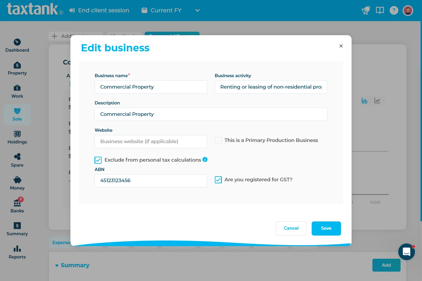 Sole Trader Tax Software showing you can exclude a Business from Personal Tax