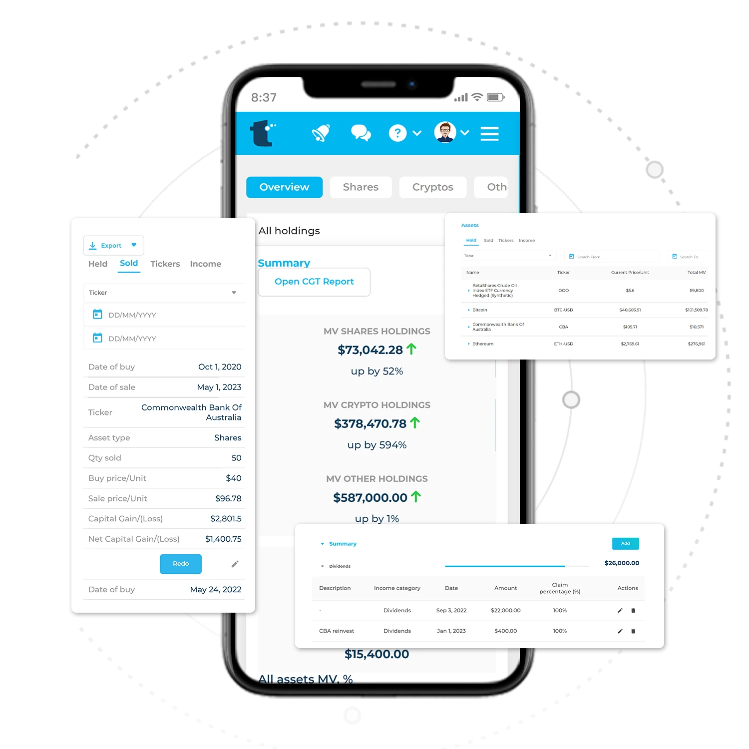 Tax Software Dashboard showing capital gains tax calculator for shares and crypto