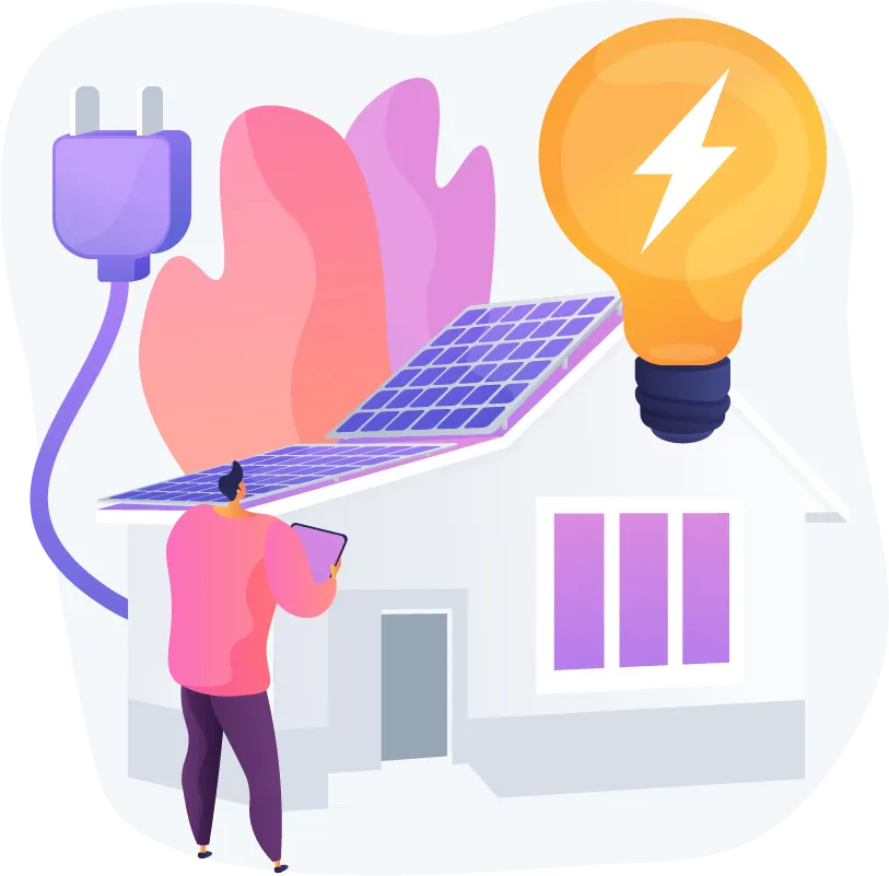 Illustration of man in front of house with electricity showing