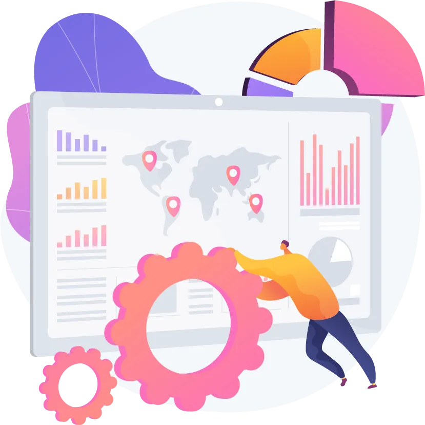 Illustration of man in front of large dashboard