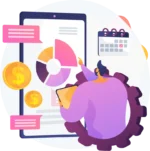 Illustration of man in front of life size phone with expense management