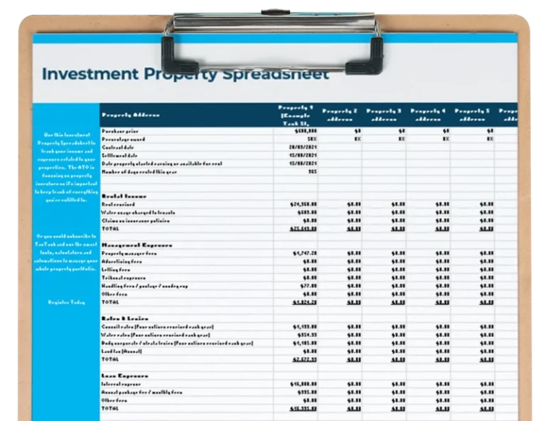 Free investment property spreadsheet by TaxTank - no subscription required.