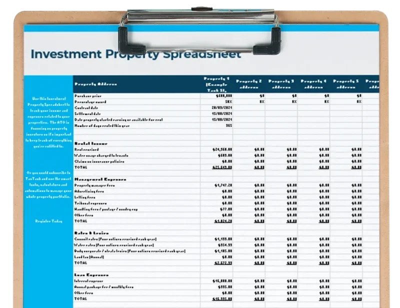 Free investment property spreadsheet by TaxTank - no subscription required.