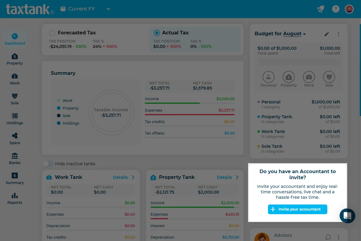 Screenshot showing how to invite your accountant to TaxTank - Australia's no1 rental accounting property software