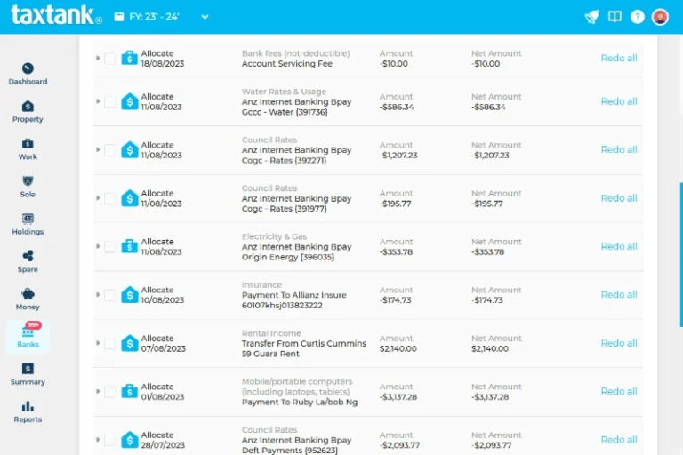 TaxTank property app with live bank transactions and property expense categories