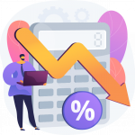 Illustration of man with calculator and laptop with a large arrow indicating a loss