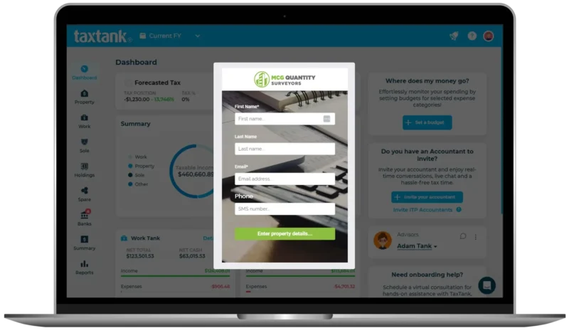 Screenshot of MCG Quantity Surveyors pop up in TaxTank's dashboard