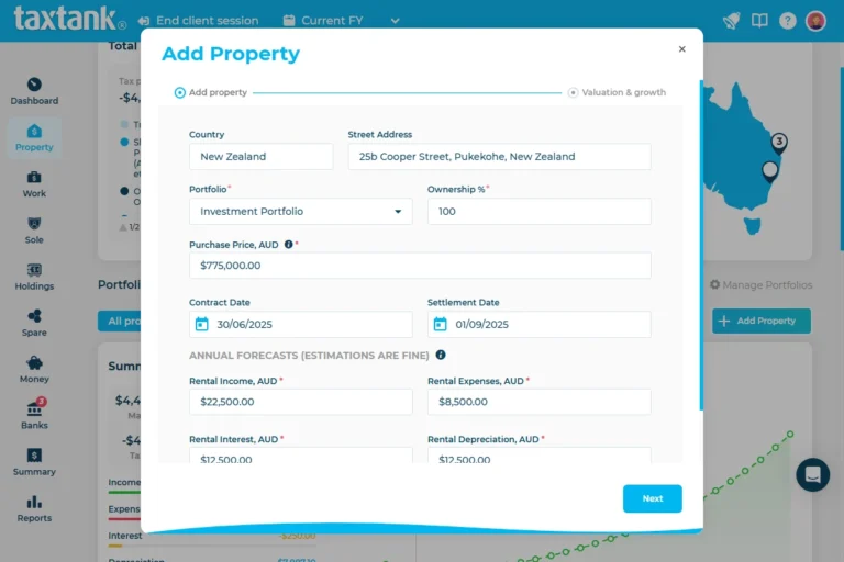 Screenshot of TaxTank showing management of Foreign Properties