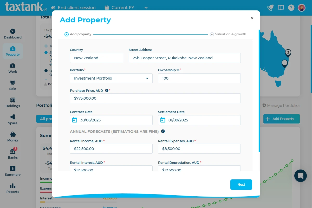 Screenshot of TaxTank showing management of Foreign Properties