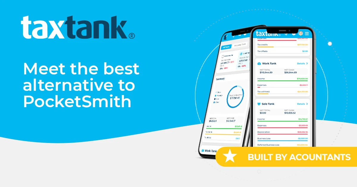 Image of TaxTank with text that reads 'Meet the best alternative to PocketSmith'