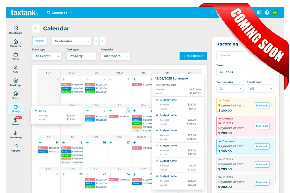 Money Tank dashboard showing TaxTank's budgeting and financial management software calendar