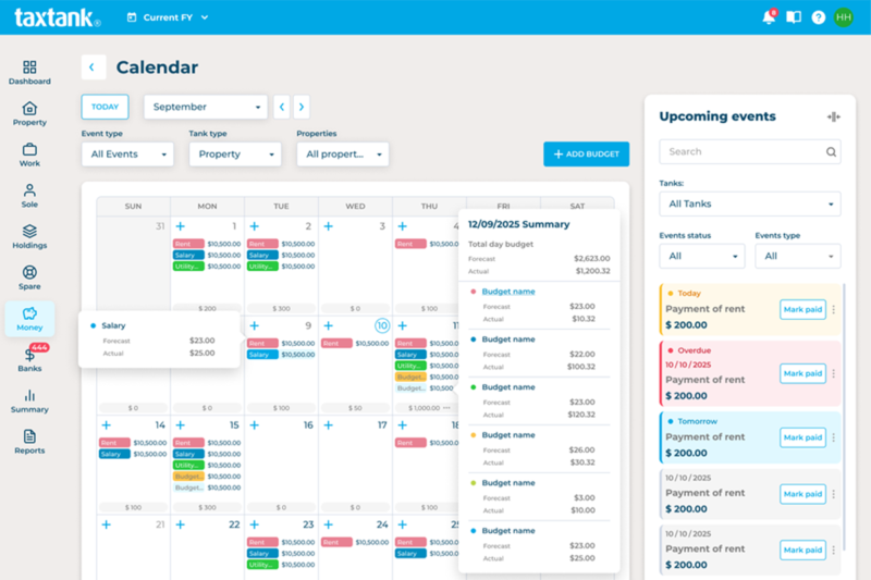 Money Tank dashboard showing TaxTank's budgeting and financial management software calendar