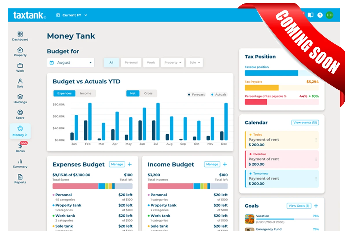Money Tank dashboard showing TaxTank's budgeting and financial management software