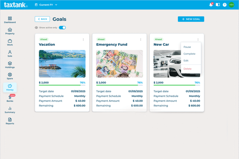 Money Tank dashboard showing TaxTank's budgeting and financial management software showing goals