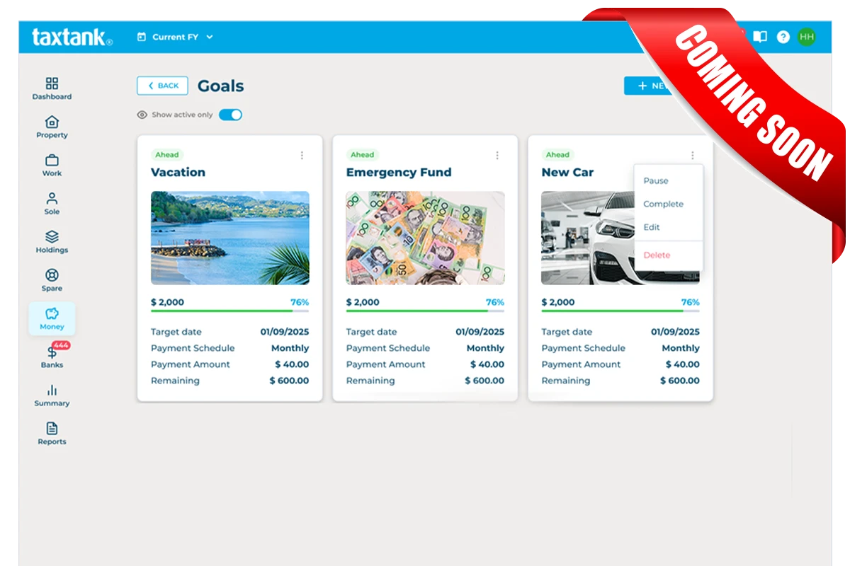 Money Tank dashboard showing TaxTank's budgeting and financial management software showing goals