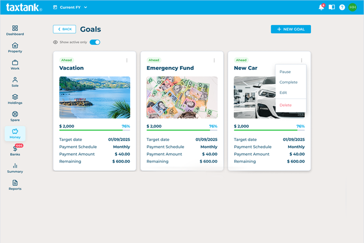 Money Tank dashboard showing TaxTank's budgeting and financial management software showing goals