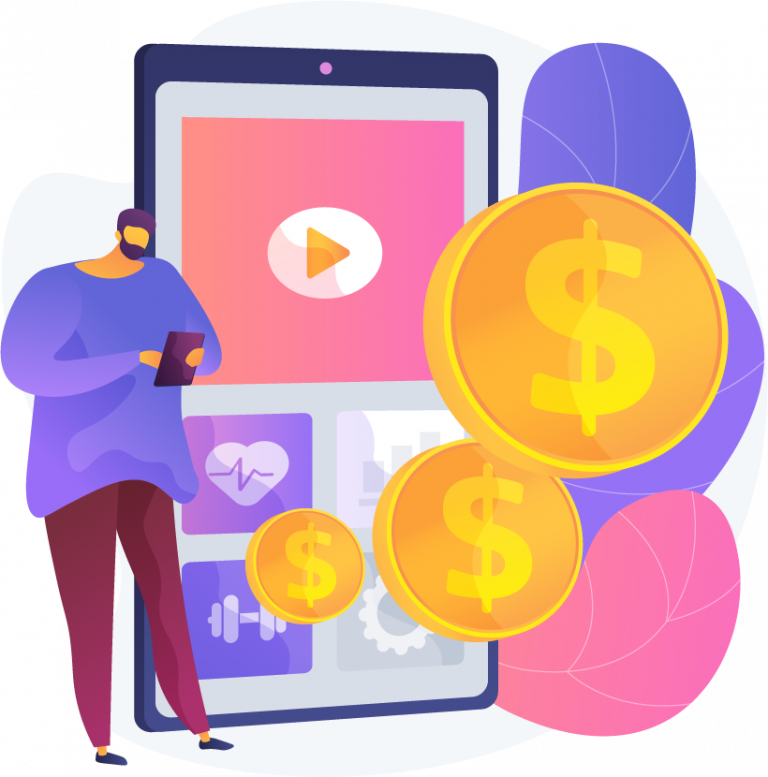 Illustration of man with large phone and gold coins