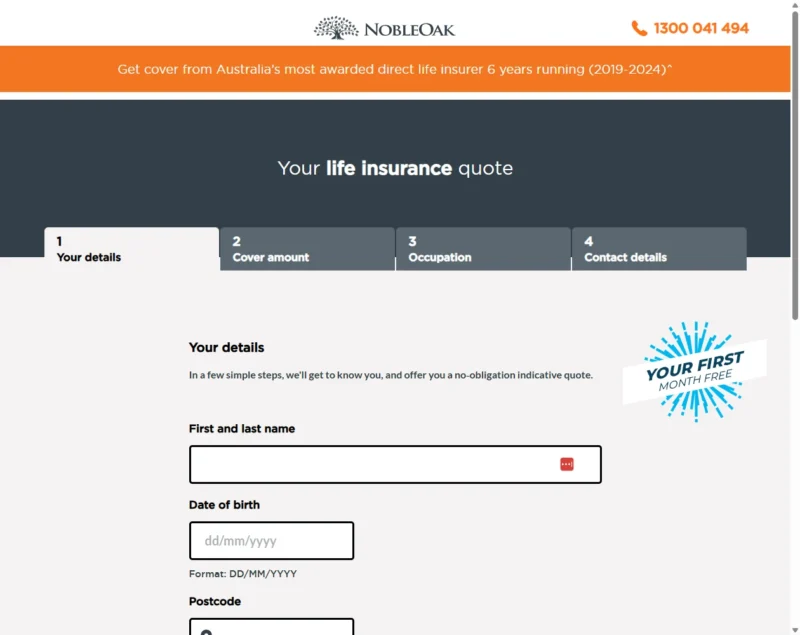 NobleOak Online Quote with free month offer for TaxTank subscribers