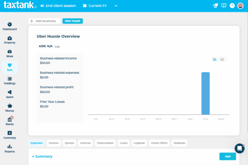 Gif of Tax Software for Sole Traders showing how to add a business that is excluding from the personal tax summary 