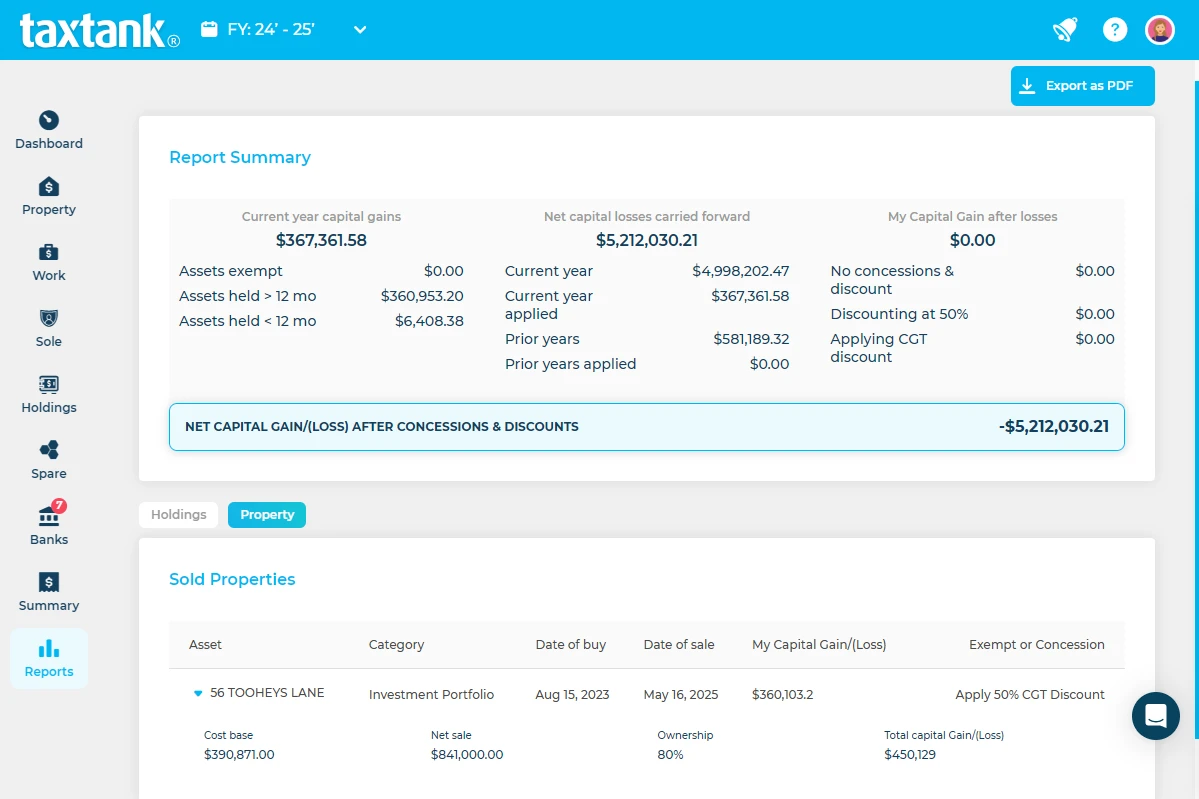 Screenshot of Property CGT Report from TaxTank, Australia's no1 rental property accounting software