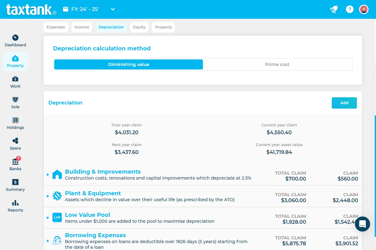 Screenshot of Depreciation Schedule and Calculator in TaxTank, Australia's no1 rental property accounting software