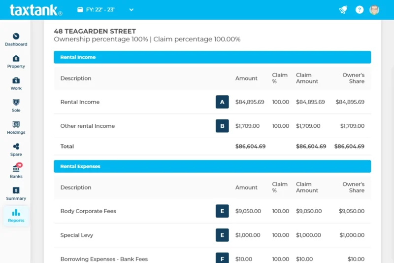 Image of property tax software showing rental properties tax report