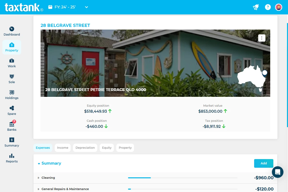 Screenshot of Property Dashboard in TaxTank, Australia's no1 rental property accounting software