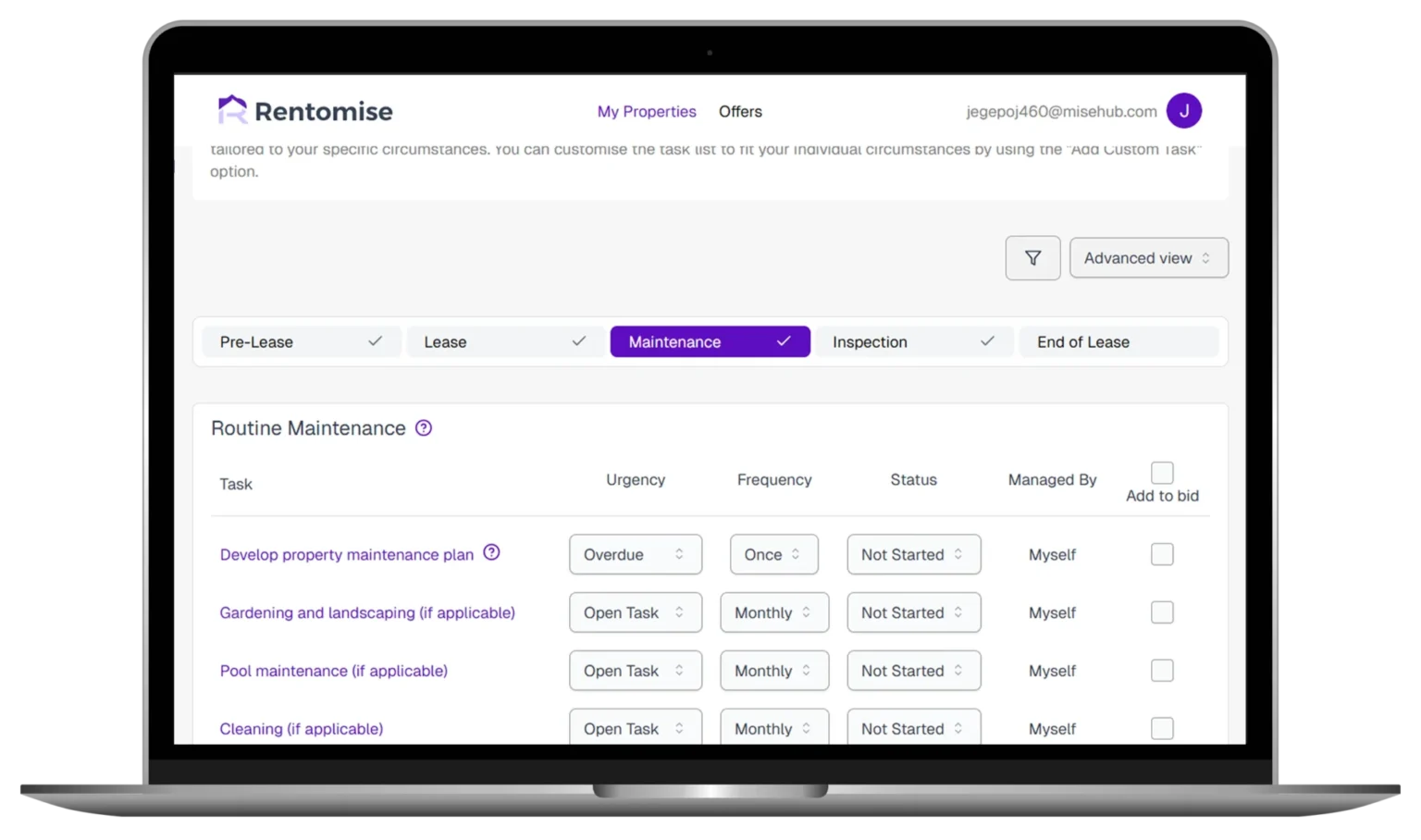 Rentomise platform for property investors task list
